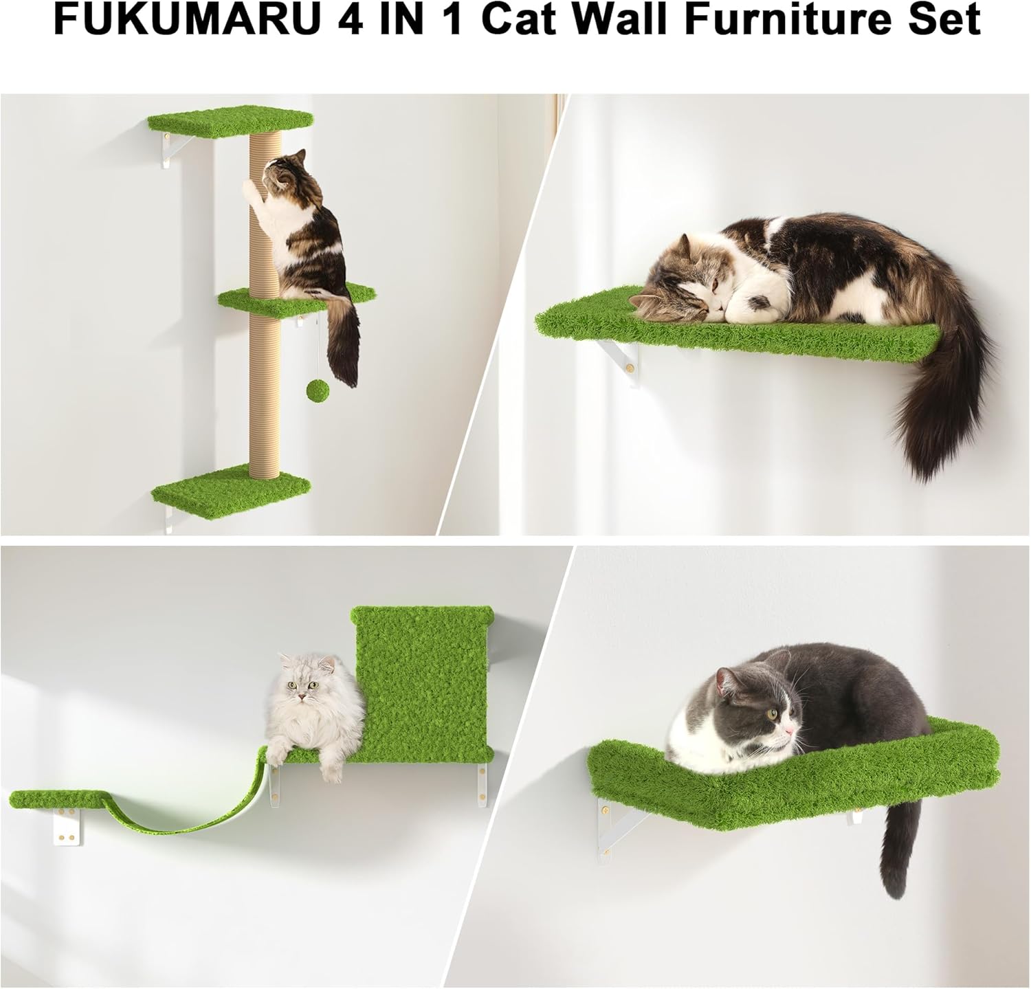 review FUKUMARU Cat Wall Shelves, Stable & Safe 4 in 1 Large Cat Wall Furniture Set, Wooden Cat Climbing Wall with Scratching Post, Cat Bridge and Cat Bed, Stylish Cat Jungle Gym for 16 Inch Drywall - Green