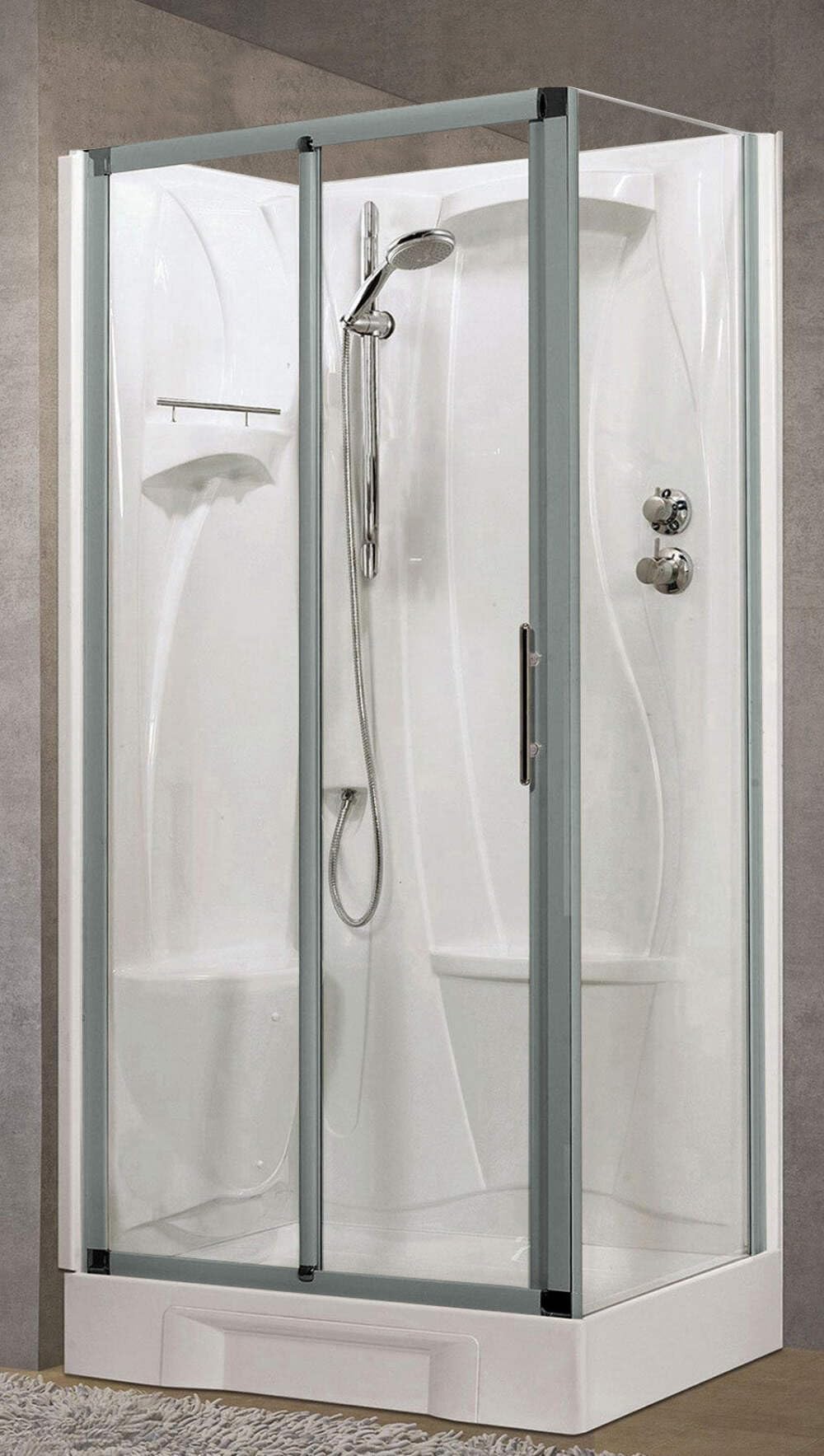 Novellini New Holiday 2P+F Standard 100 x 70 cm Cabina de ducha multifunción apertura 1 puerta corredera 1 fija línea 1 lateral izquierda termostática transparente plata estante ducha asiento H 206 cm