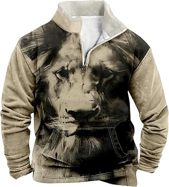 Mens Western Style Aztec Cowboy Hoodie - Vintage Outdoor Scoop Neck 1/4 Zip Up Pullover,26-Lion Printed,2XL