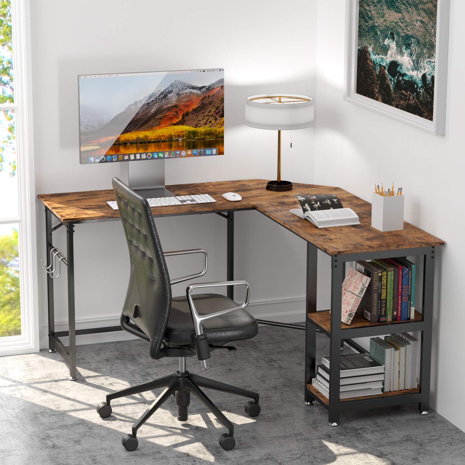IRONCK L Shaped Computer Desk, Corner Office Desk Writing Study Table with Storage Shelves