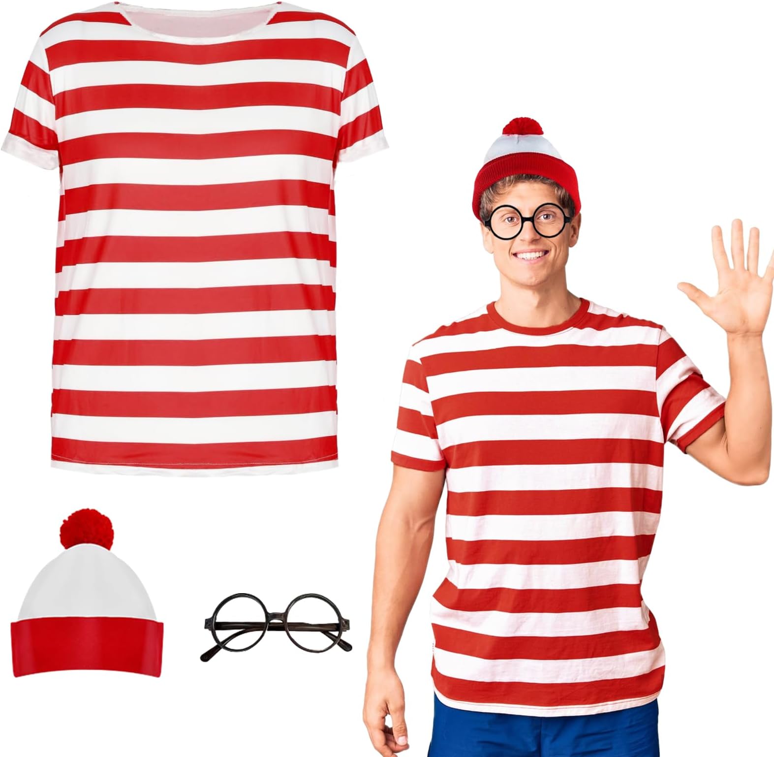 Wally Costume Cosplay Accessories Set with Red and White Striped T-Shirt, Beanie Hat, Black Nerd Glasses Fancy Dress for Adult, Kids World Book Day, Halloween，School Dress up Day