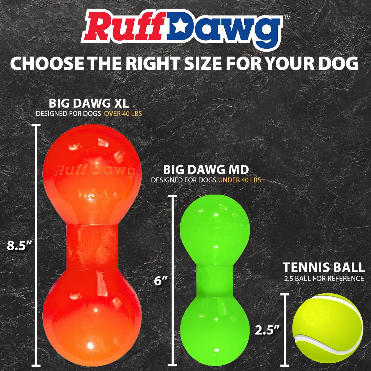 Ruff Dawg Big Dawg Barbell Medium Yellow – Jouet à mâcher robuste en caoutchouc solide pour chiens de petite et moyenne taille de moins de 18 kg – Flotte et rebondit – Fabriqué aux États-Unis