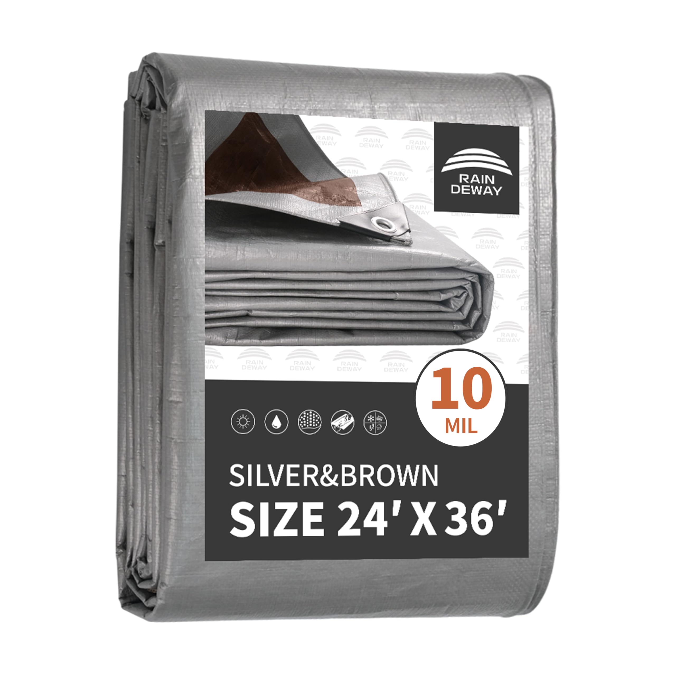 RAINDEWAY 24x36 Feet Tarp,Tarps Heavy Duty Waterproof,10Mil Thick Multipurpose Large Tarp Cover with Metal Grommets and Reinforced Edges,Silver/Brown