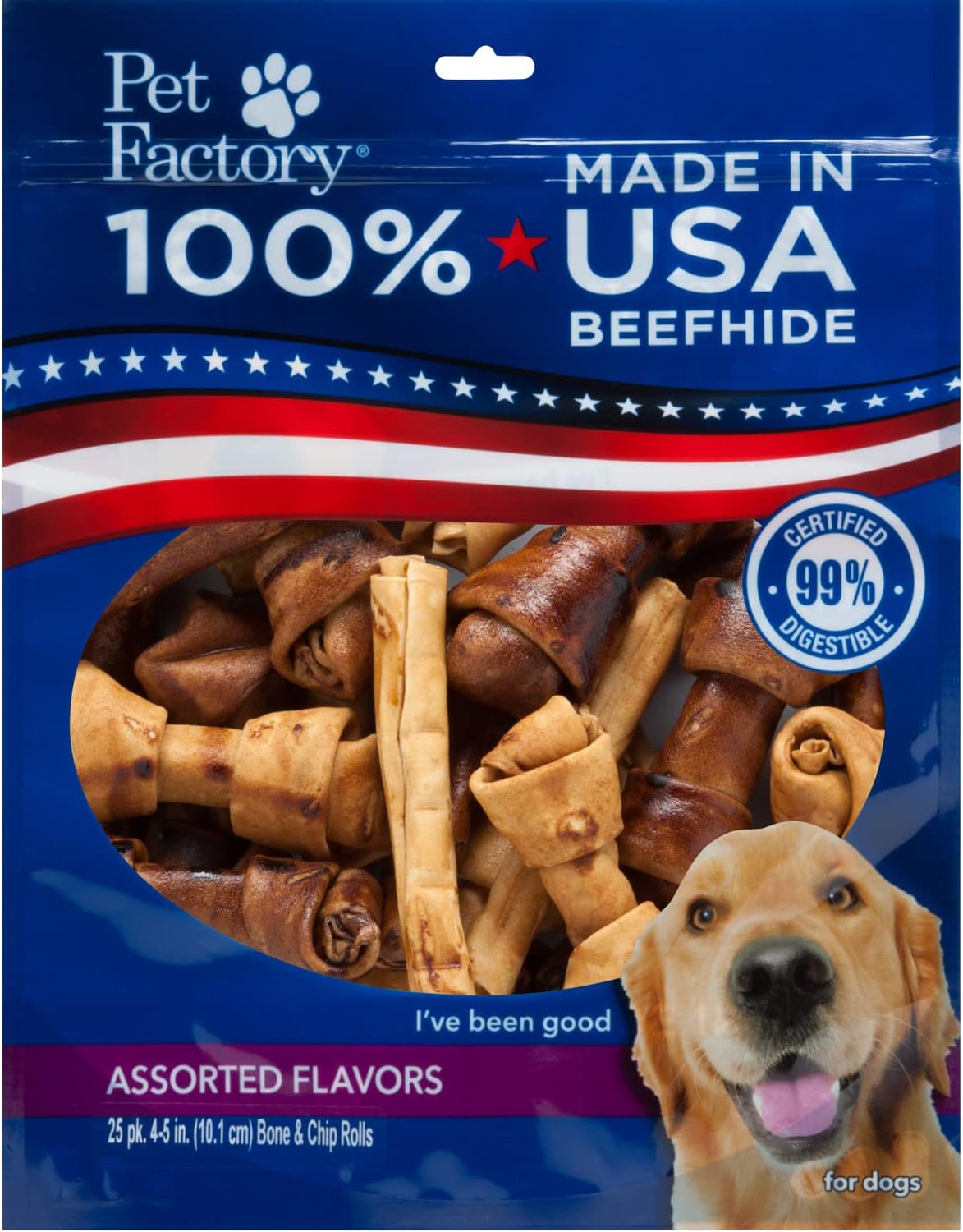 100% Made in USA Beefhide 4-6" Assorted (Bones & Chip Rolls) Dog Chew Treats - Beef & Chicken Flavor, 25 Count/1 Pack