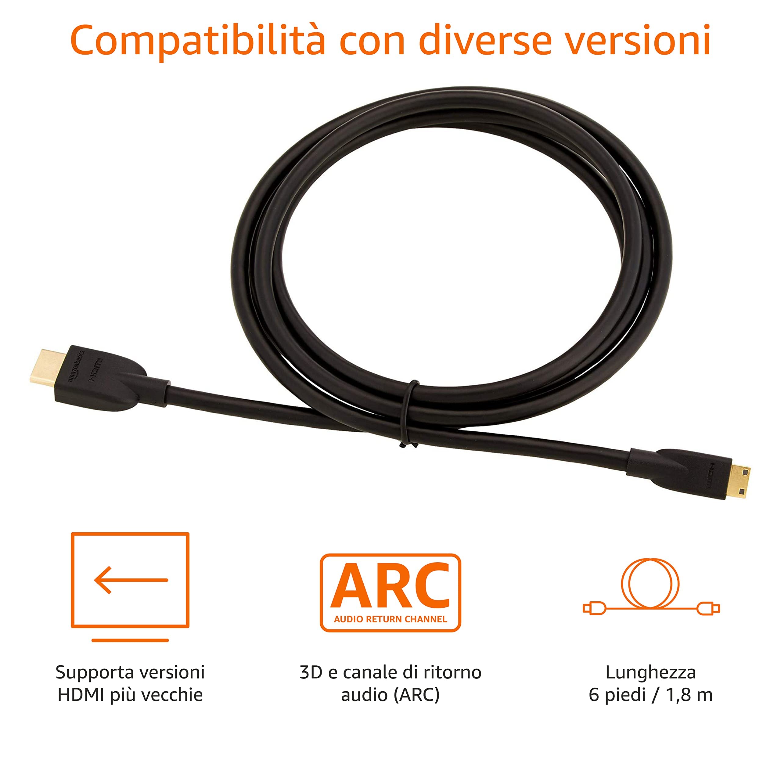 Amazon Basics Câble mini HDMI (source) vers HDMI (écran) haute vitesse, 1.8 m, noir