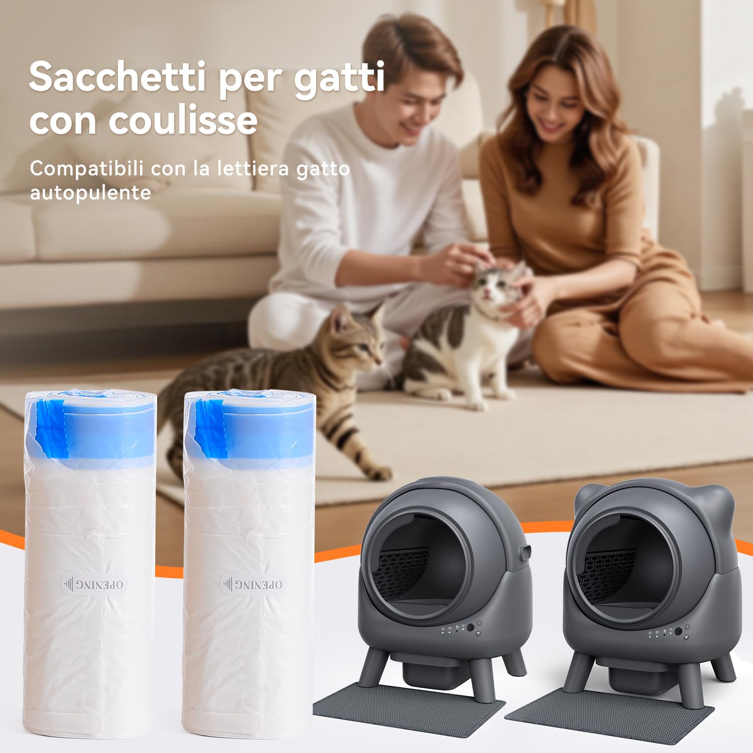 Sacchetti per Escrementi per Gatti 3 Rotoli*20, Sacchi per Lettiera Autopulente per Gatti FEELNEEDY, Ultra Resistenti, Spessi con Chiusura a Cordino
