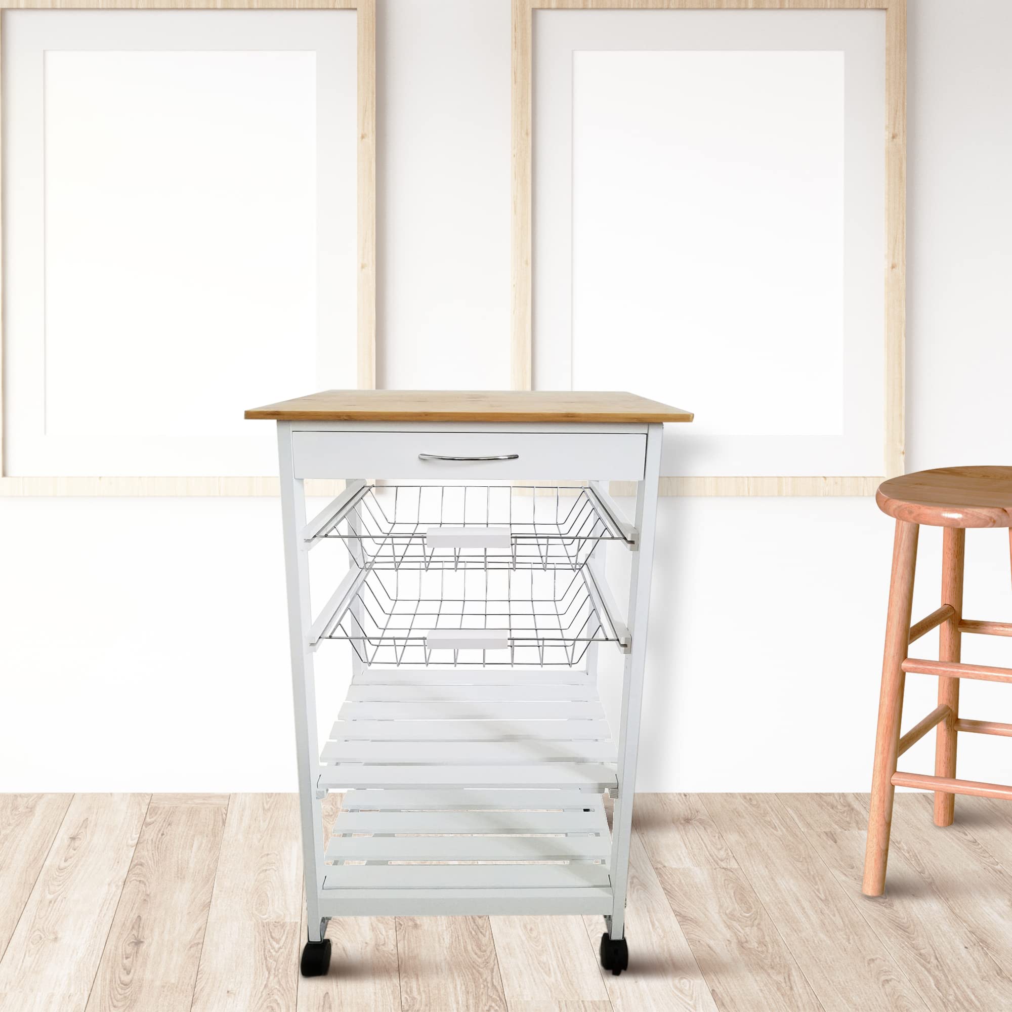 Verdulero frutero de Cocina Color Blanco-Miel, Carro de Cocina con Ruedas, 87x47x37, 2 cestas metalicas y 2 baldas