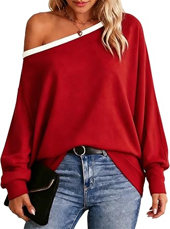 Dressmine Womens Off Cold Shoulder Tops Long Sleeve Asymmetrical Batwing Sweatshirts Blouse Casual Loose Tunics