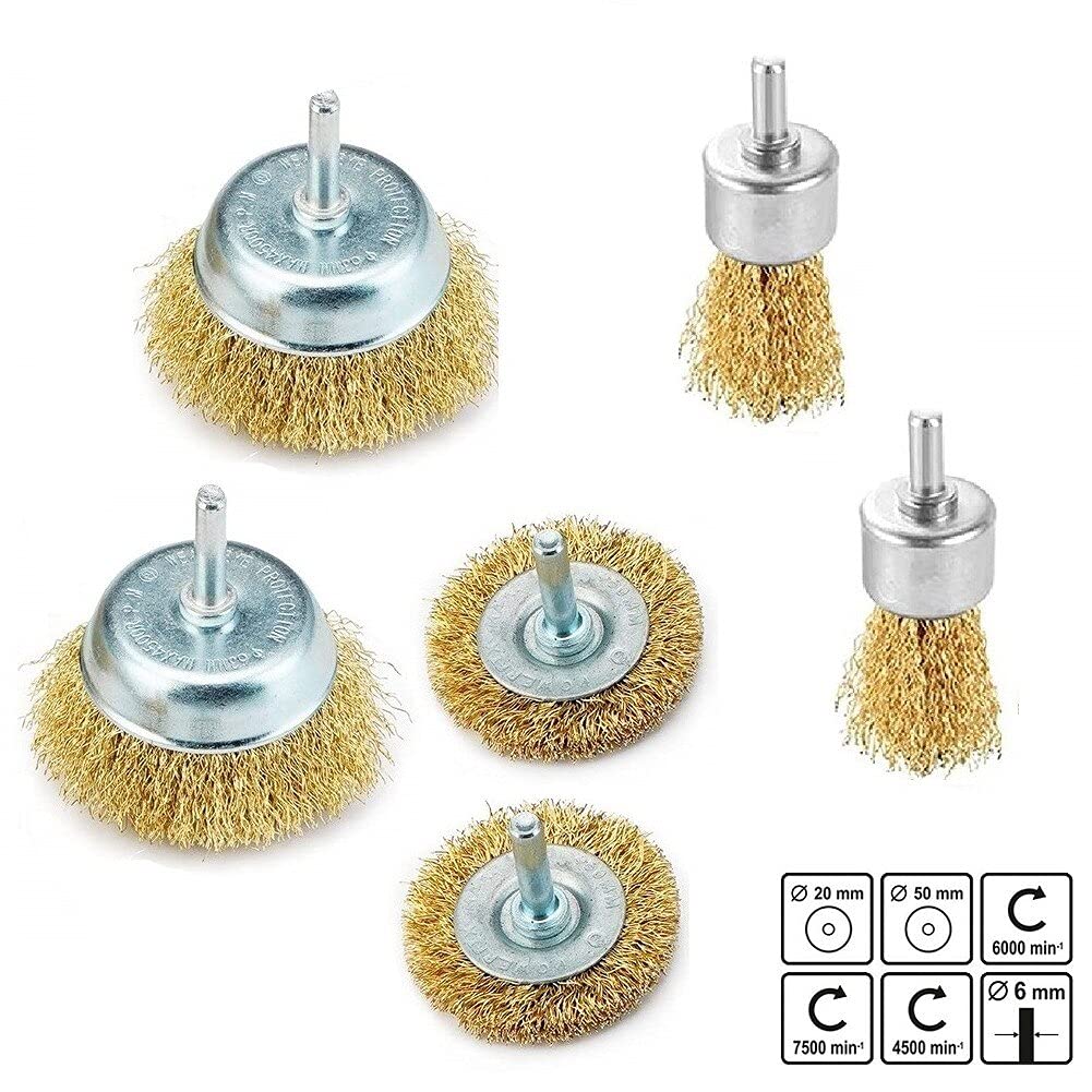 Szczotka druciana T-Shaped Brass Wire Brushes, for Drills Set,6 Pcs Brass-Plated Steel Cup W/ 6mm Dia Shank Polishing for Electric Attachment