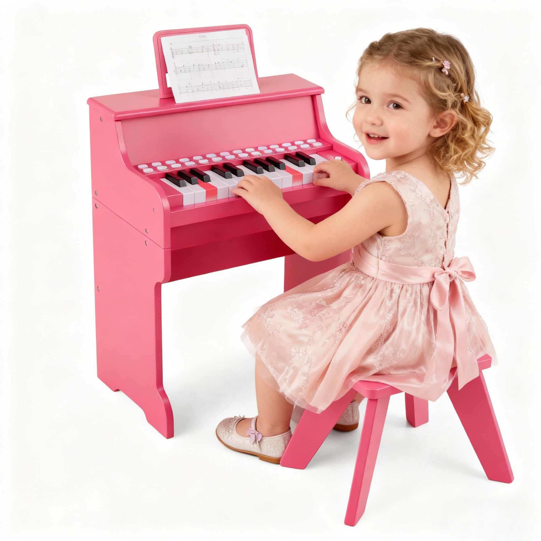 DREAMADE Clavier de Piano 25 Touches pour Enfants, Mini Piano Numérique avec Tabouret, Vitesse et Volume Réglables, Mode d'Enseignement, Pupitre Amovible (Rose)