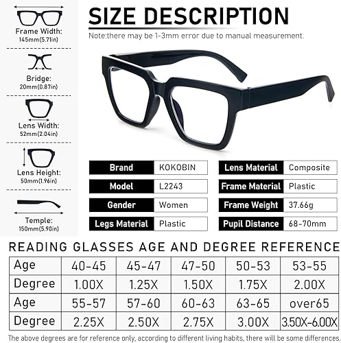 Miniatura 10 de KoKoBin Paquete de 6 lentes de lectura estilo Oprah para mujer, marco cuadrado de gran tamaño, bloqueo de luz azul, cómodos lectores