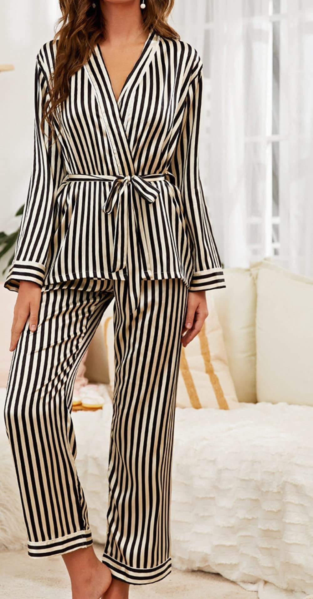 Ensembles De Pyjama Femme,Bandes Noires Revers Cravate Taille Femmes Polyester Ensemble De Pyjama Pyjama À Manches Longues Confortable pour Femmes Deux Pièces Ensemble Cadeau De Festival pour