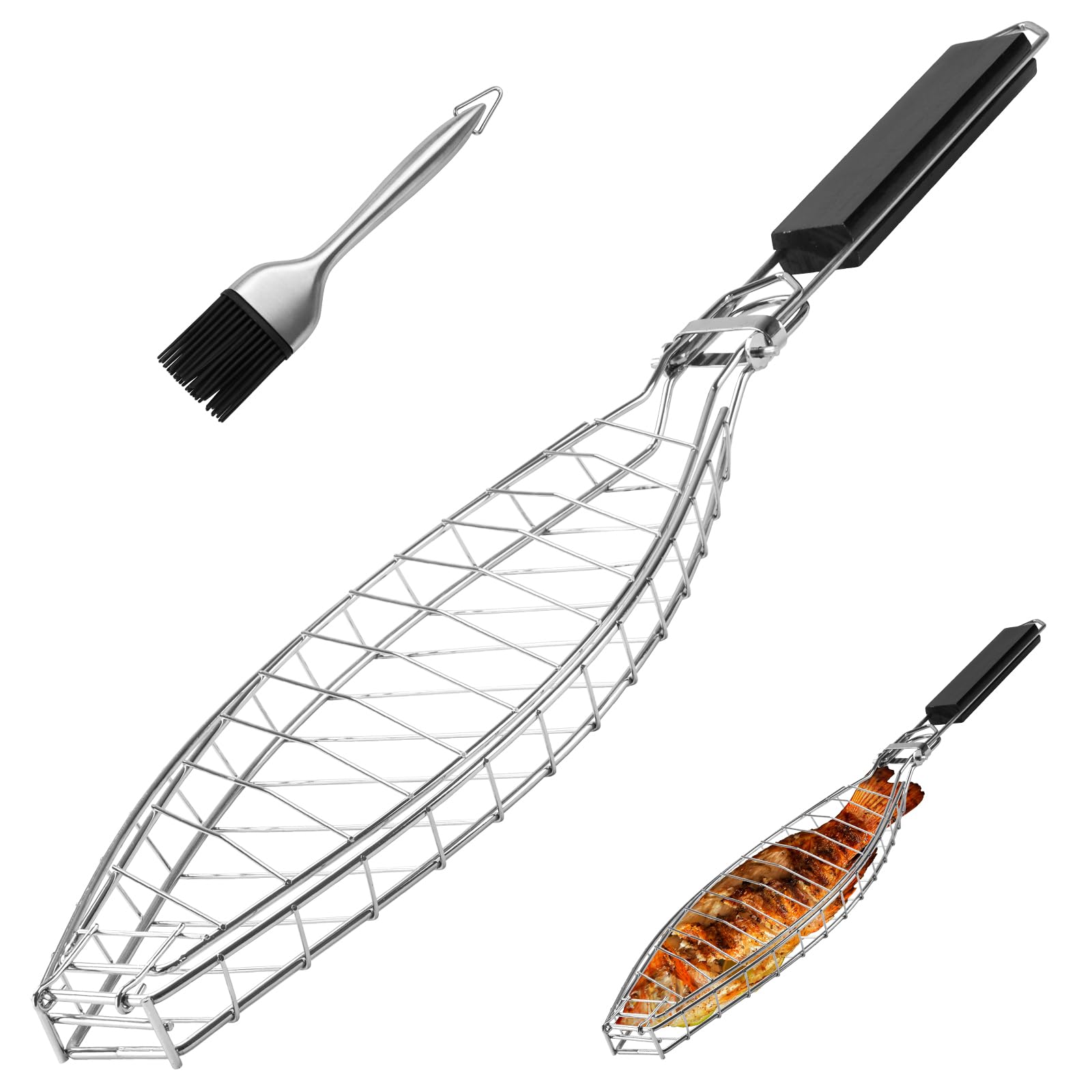 Fischgrillkorb Edelstahl, Fisch Grillhalter & Fischzange zum Grillen, Fischgrillgitter mit abnehmbarem Griff | Rostfreier Fischbräter für Ganzfisch, Grillzubehör für Gasgrill, Holzkohlegrill & Camping