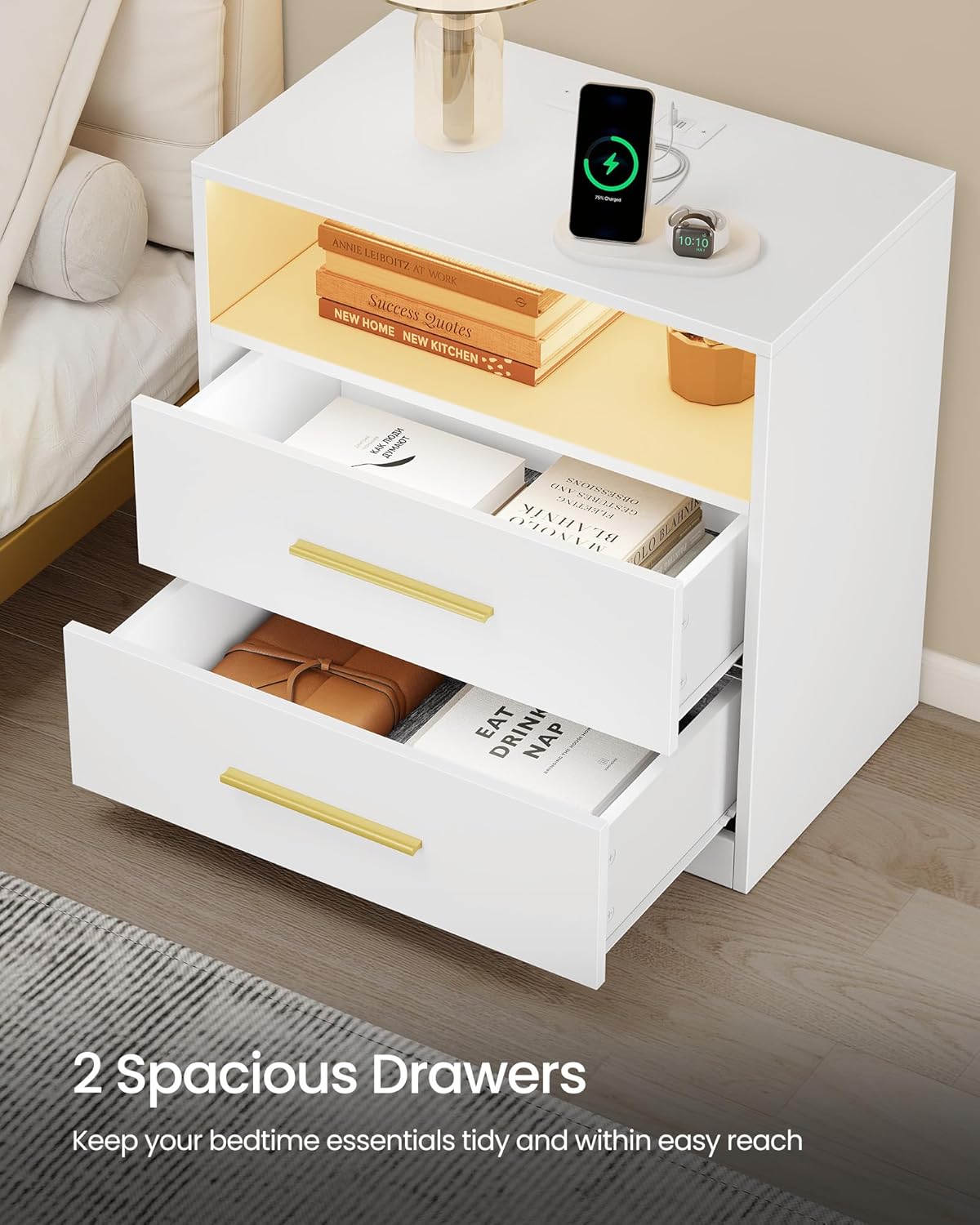 Two spacious drawers of the nightstand, one open showing books and a small bag inside.