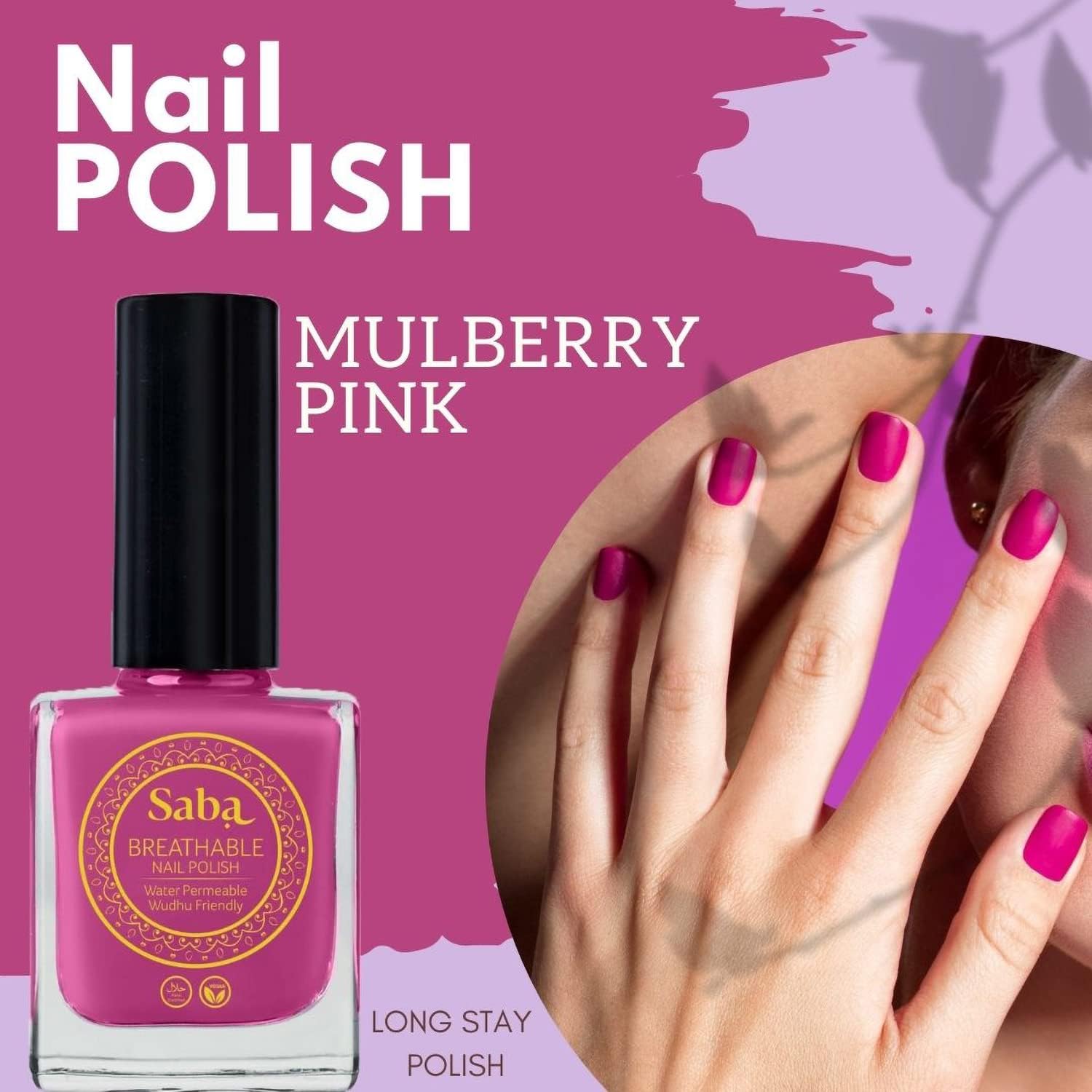 Breathable Nail Polish 12ML (MULBERRY PINK)High Glossy Shine Finish, No Chip, Long lasting Polish, Water Permeable, No harmful chemicals, Vegan, Cruelty Free, Halal Certified, No Toxin, Quick Dry