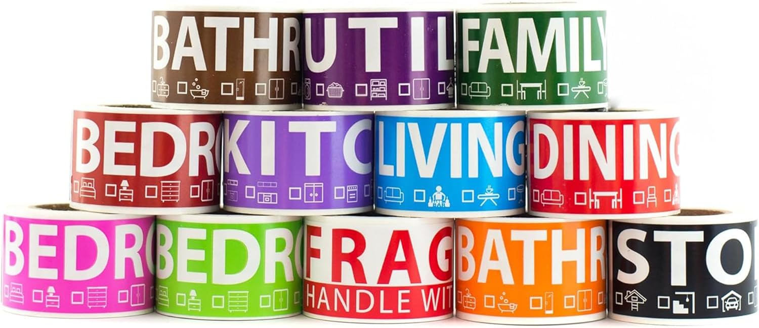 600 Home Moving Labels for 3 Bedroom House — 12 Color-Coded Room Labels (50 Each) + Fragile Stickers for Moving Boxes, Supplies, Wardrobe Boxes, Apartment Moves