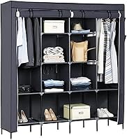 Vista 1 de 67" Portable Wardrobe Closet, Wardrobe Closet for Hanging Clothes with 2 Hanging Rods, 12 Clothes Storage Organizer Shelves, Non-Woven Fabric Grey