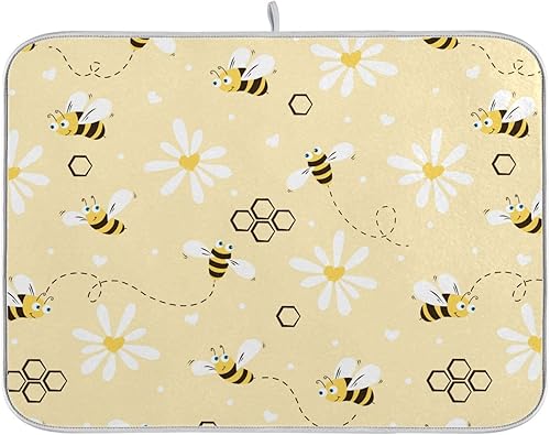 Daisy Bees Pattern Flowers Dish Mat Kitchen Countertop Decor Countertop Mat Tapete Para Cocina 16'' x 18''