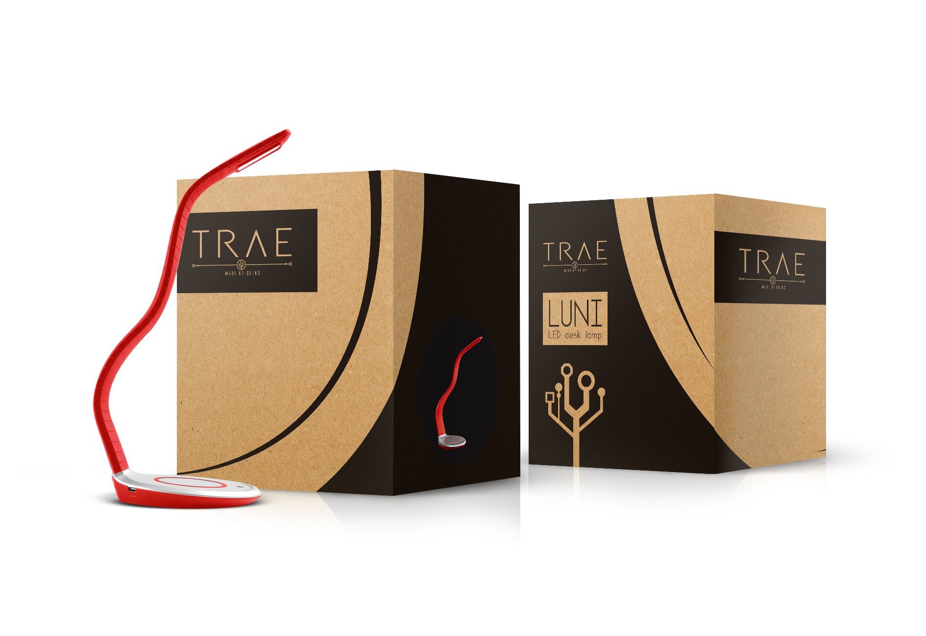 Trae Luni LED Leselampe. Schreibtischlampe. Soft-Touch-Oberfläche. Designlampe. Designerlampe. Mit integrierter Wireless-Ladefläche für Smartphones. Individuell biegbarer Lampenhals. Rot