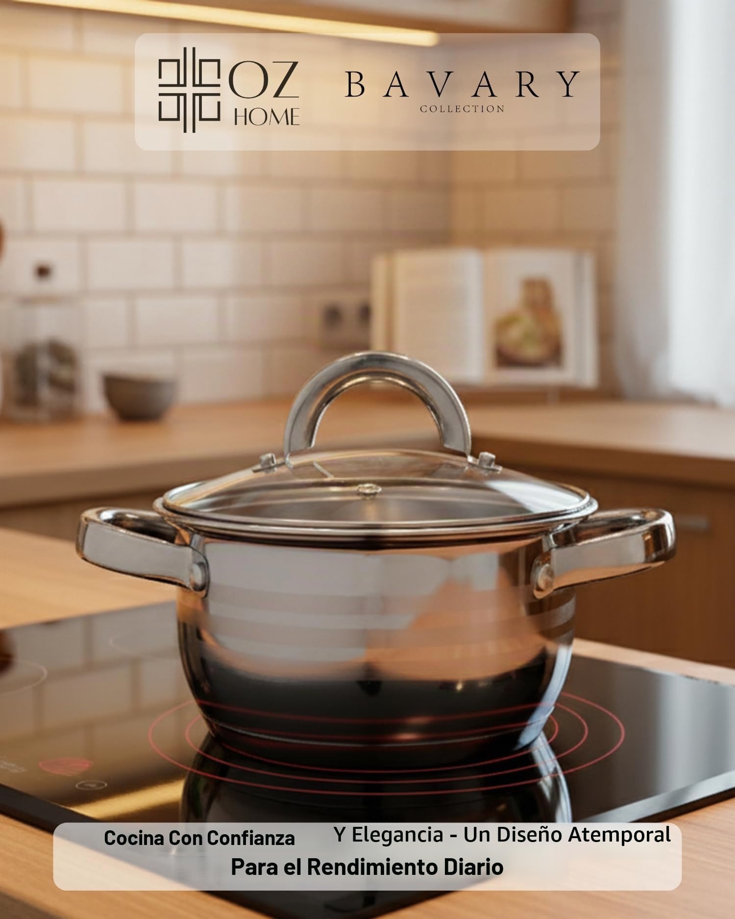 Bavary Bateria De Cocina 8 Pzs - Juego De Ollas Y Sartenes, 18/10 Ollas Acero Inoxidable - Cacerolas De Cocina Induccion - Cazo Cocina, Tapas Vidrio,Capsulado,Eco,Apilable - Todo Fuego Ceran/Gas