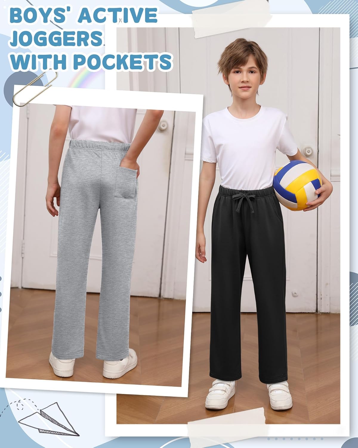 3 Pack Boys Sweatpants Straight Leg Athletic Open Bottom Joggers Workout Elastic Drawstring Kid Pants with Pockets - Image 5