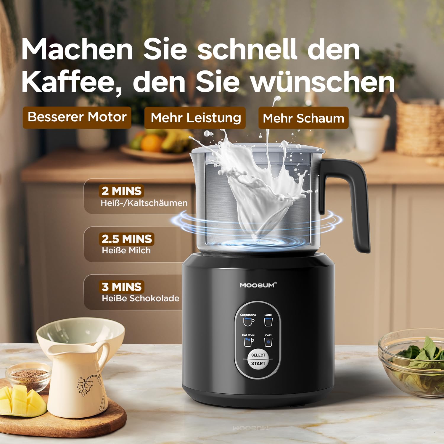 Milchaufschäumer Elektrisch 4-in-1 für Heißer und Kalter, Warme Milch, 500ml Milchschäumer Nduktion Hohe Kapazität, Spülmaschinenfest, Seidiger Milchschaum für Cappuccino, Latte,Edelstahl