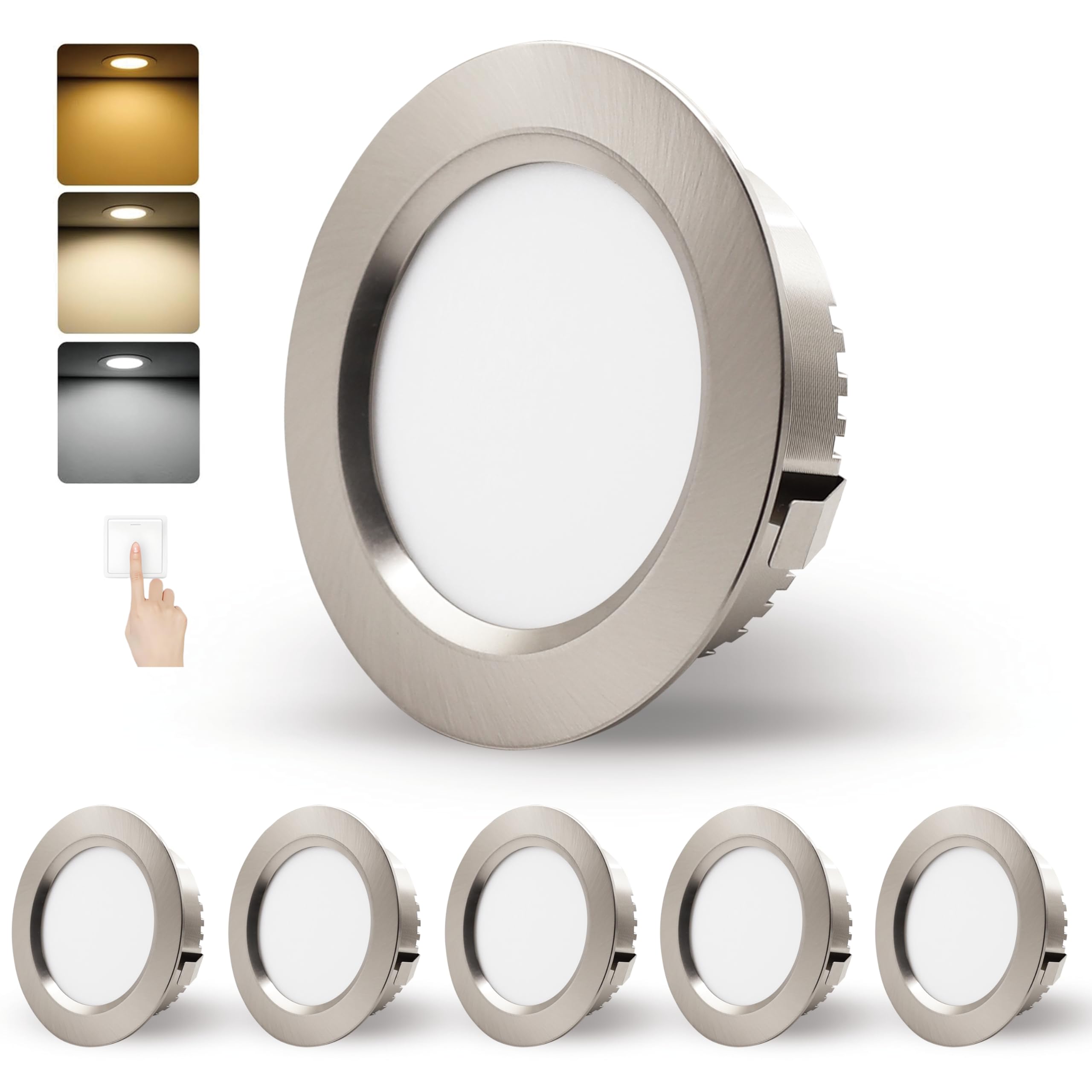 Spot LED Encastrable 5W 230V,Spots de Plafond Encastre 68mm-75mm Découpe,Extra Plat 20mm Blanc Chaud 2700K Blanc Neutre 4000K Blanc Froid 6000K IP44 Spot Salle de Bain pour Cuisine (Nickel, Lot de 6)