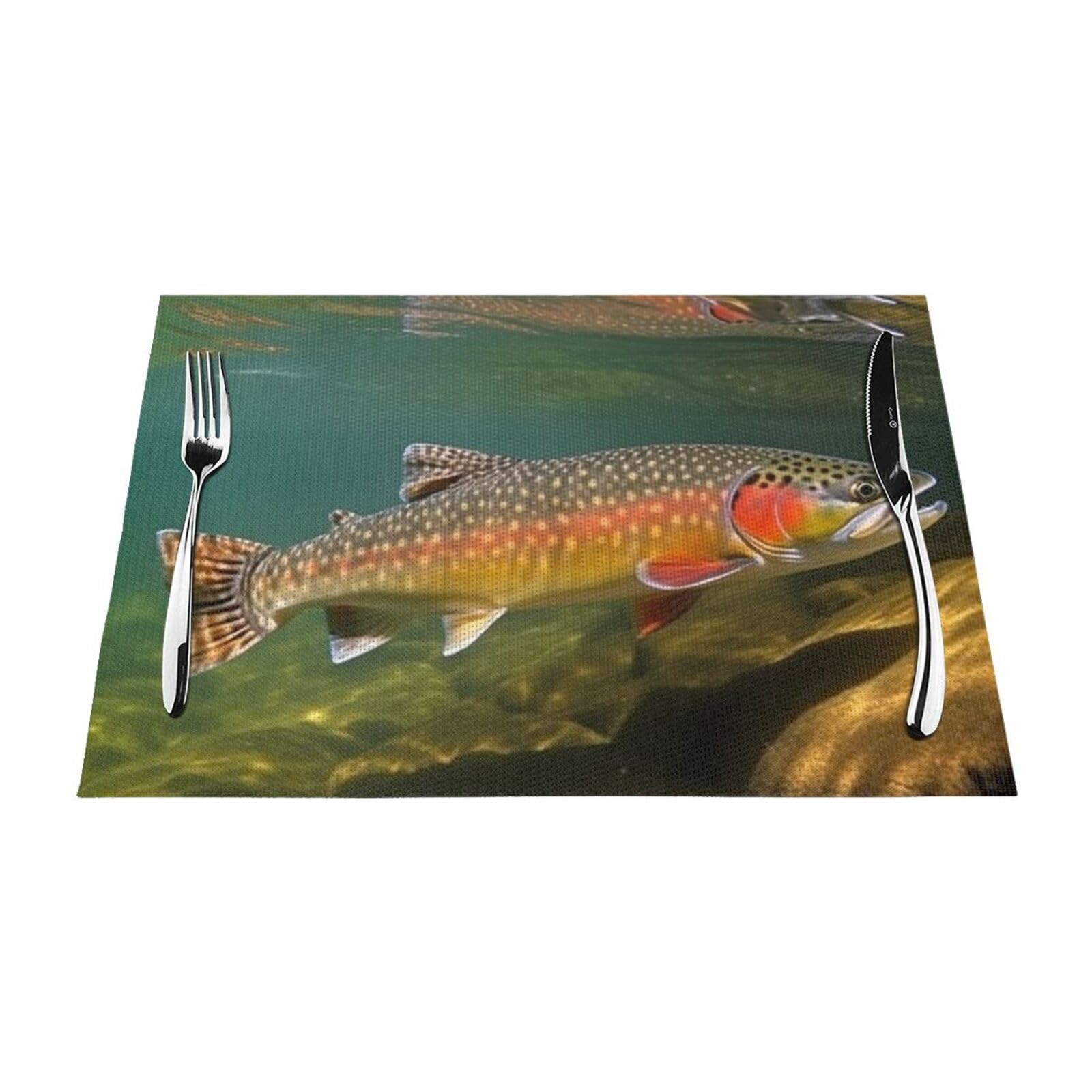 Brook Trout Fly Fishing Placemats Set of 1 - Woven Vinyl Kitchen Table Placemats - Heat Resistant Non-Slip Place Mats for Dining Table, Washable Indoor Outdoor Table Mats 12x18 Inch