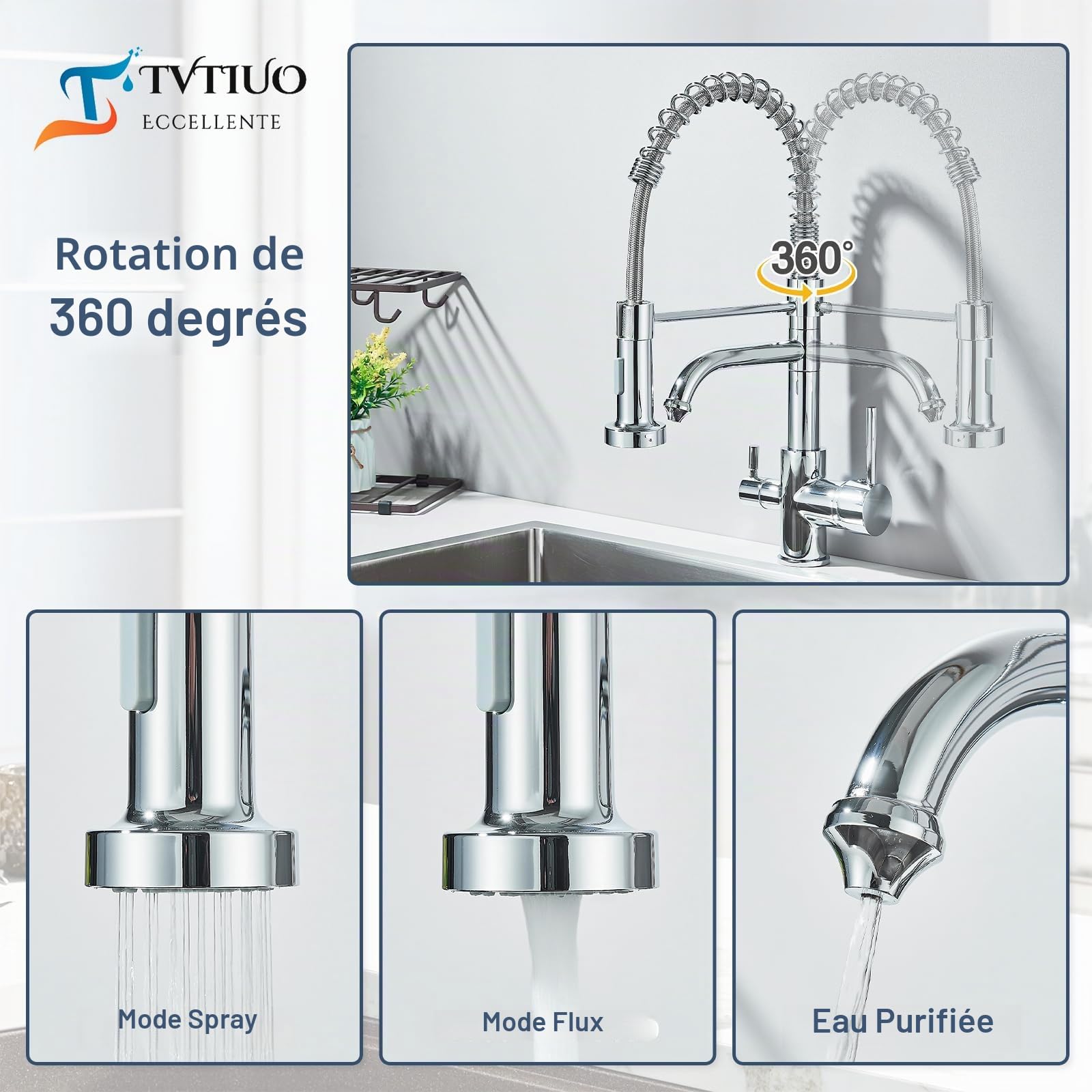 Robinets de cuisine 3 voies robinet de cuisine avec douchette amovible mélangeur d'eau potable en laiton avec filtre à eau eau bouche rotative à 360 °,spray pull-down,Chrome