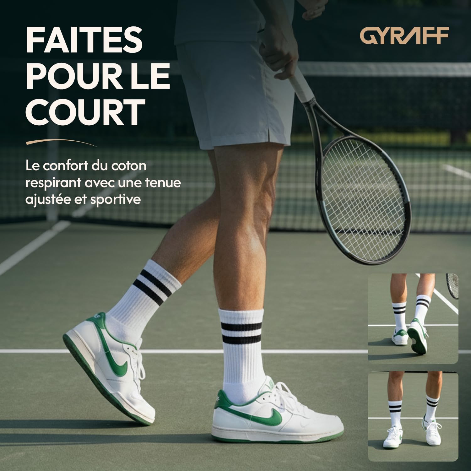 Chaussettes de tennis premium en coton égyptien, sans couture, douces, rembourrées, anti ampoule, lot de 3, mi mollet rayée de sport, anti transpiration, femme homme, blanche, 35-38, 39-42, 43-46