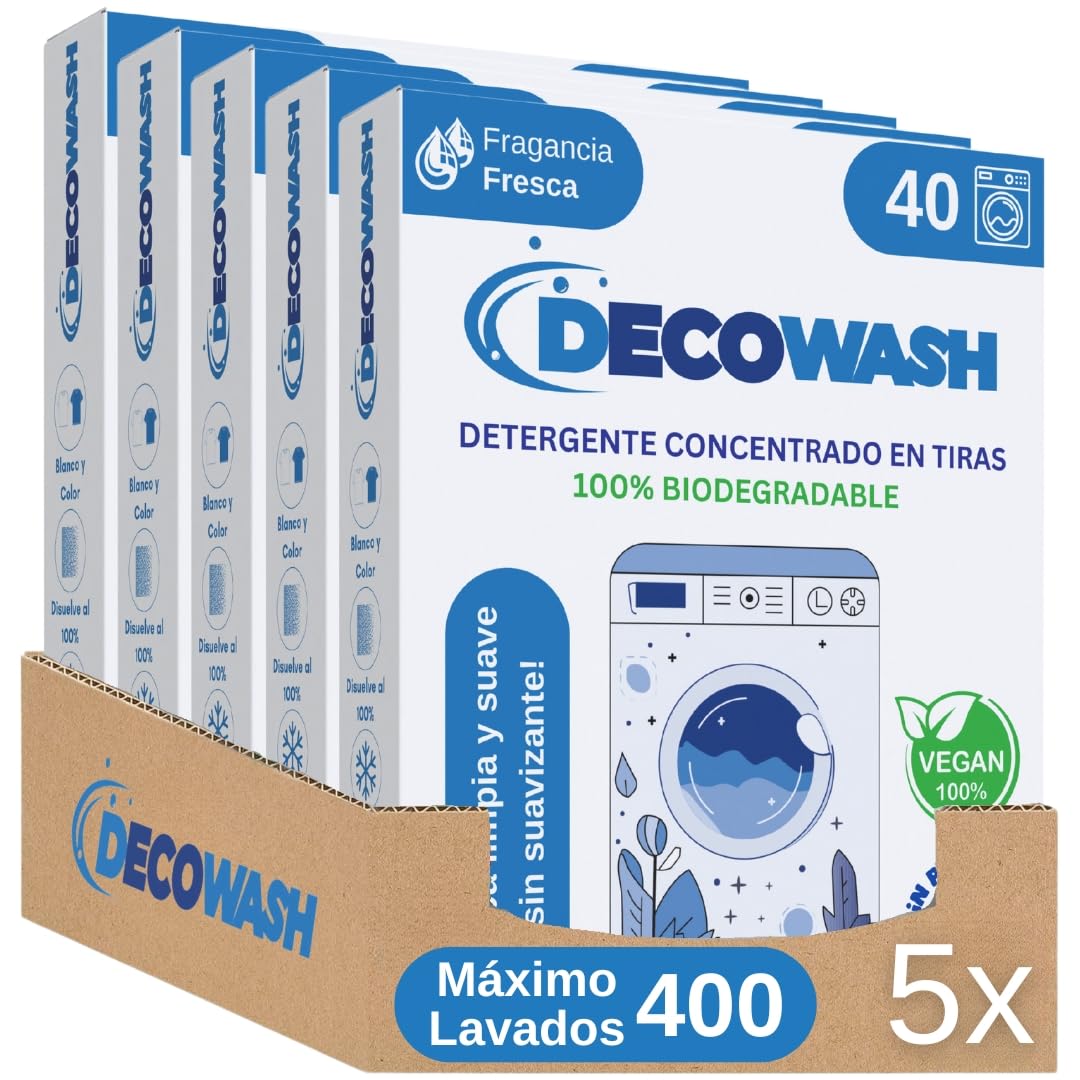 Detergente en Tiras para Lavadora (Máximo 400 Lavados) - Efecto Suavizante, Ecológico, Hipoalergénico, Vegano y Cruelty Free - Pack de 5 Unidades - (Fragancia Fresca)