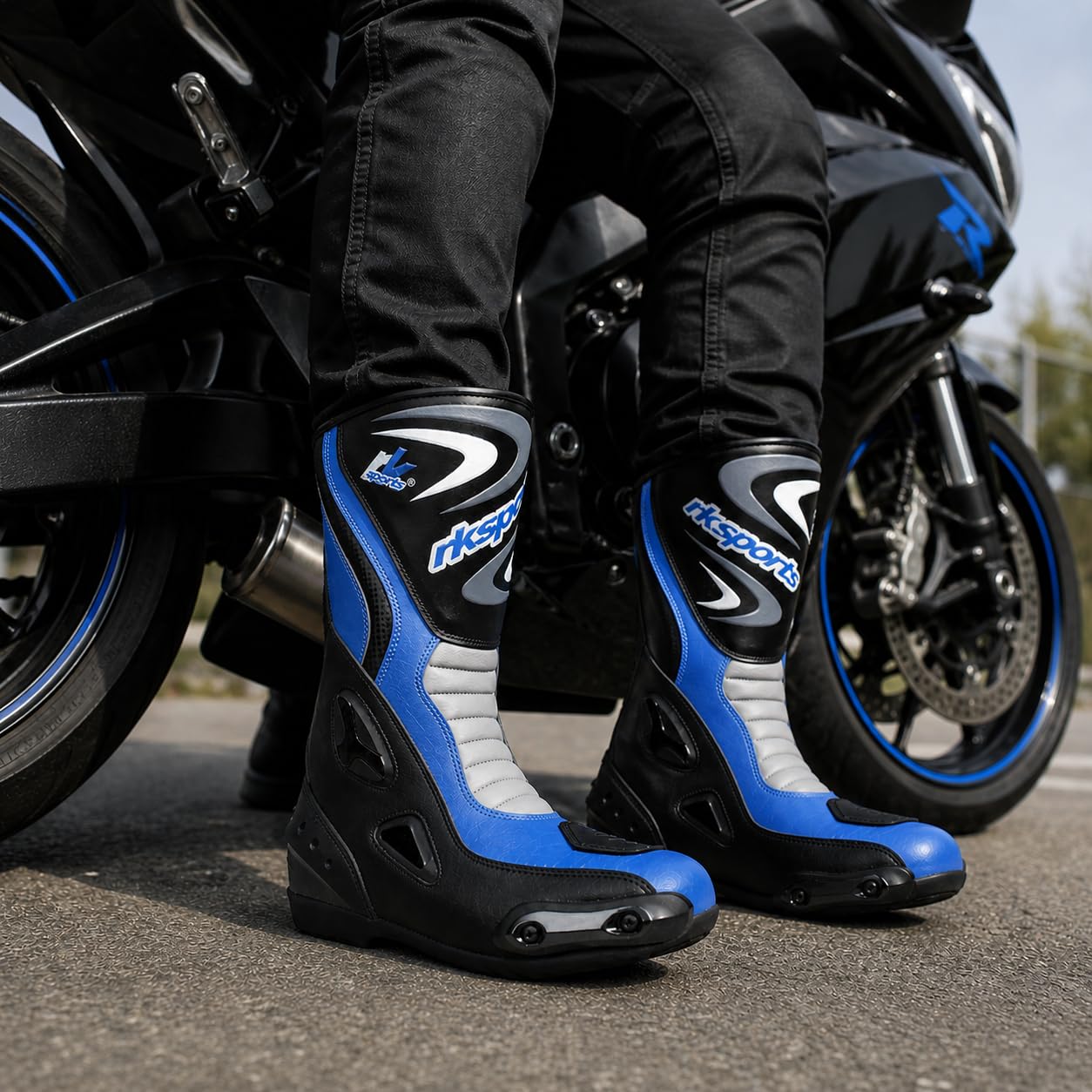 LV14 Bottes de moto en cuir blindé imperméables Noir/bleu/rouge
