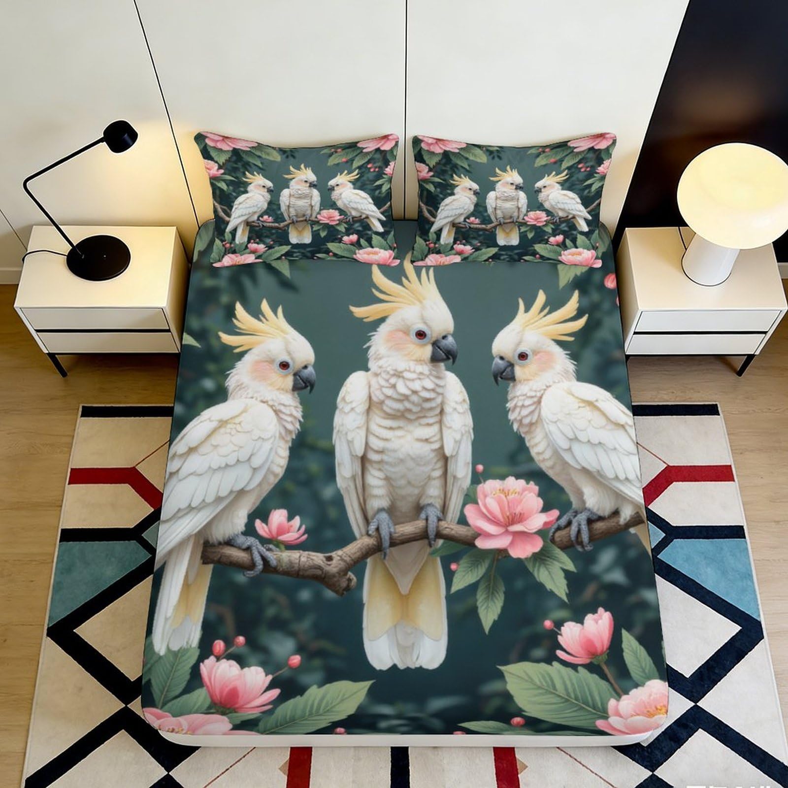 3D Printed Cockatoo Blossom Fitted Sheet Microfiber Soft Bed Cover Floral Parrot Mattress Cover Bedroom Decor 90x200x25cm