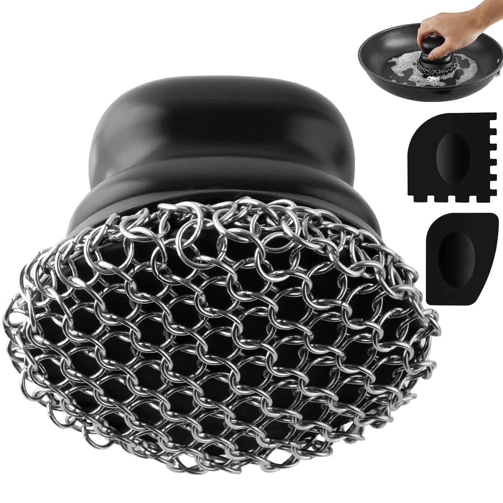 Scrubber for Cast Iron Pan, Pot Cleaner with 2 Scrapers,Chain Mail Cleaning Brush for Dishes, Pots, Pans, Griddles, Grills (Black, Large Chain Mail)