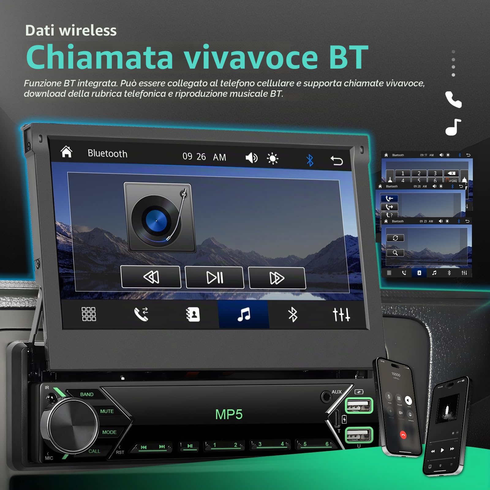 Autoradio 1 DIN Wireless CarPlay Android Auto, Schermo Retrattile da 7 Pollici Touch Screen con Bluetooth, FM, Telecamera posteriore, Comandi al Volante