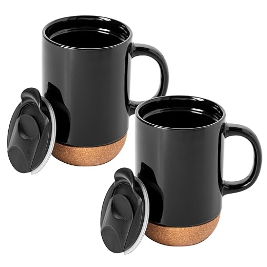 Gibson Home Modani 2 Pack Large 16.5 OZ Ceramic Mugs Set with Removable Cork Bottom and Lid - Black