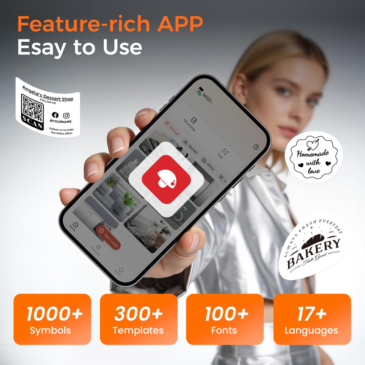 Phomemo M221 Etikettendrucker Bluetooth, Barcode Etikettendrucker, Beschriftungsgerät Unterstützung mit Phones&PC, Labeldrucker für Zuhause, Einzelhandel, QR-Code, Logos, Büro, Kleinunternehmen, Grau