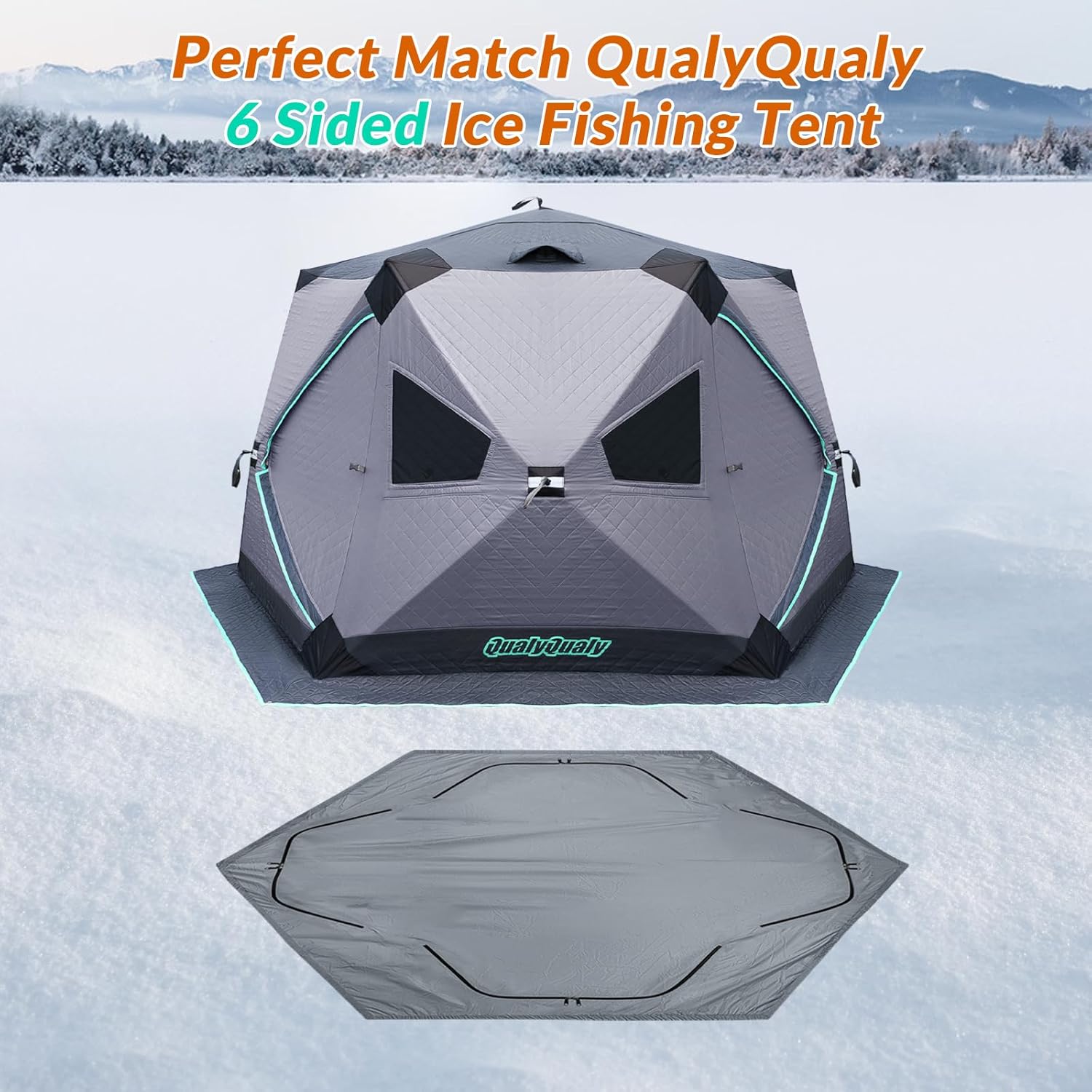 QualyQualy 6-Sided Tent Footprint for 6-7 Person, 74 Sq.Ft Waterproof Groundsheet for Ice Fishing & Large Camping Tents, High-Density 210D Oxford Mat with Storage Bag