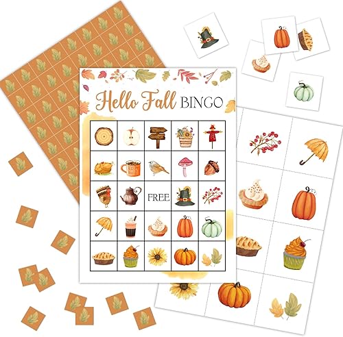 Happy Fall Bingo Bingo Juegos de bingo de Acción de Gracias, 24 jugadores, juegos de bingo para actividades de otoño en familia o adultos, gran
