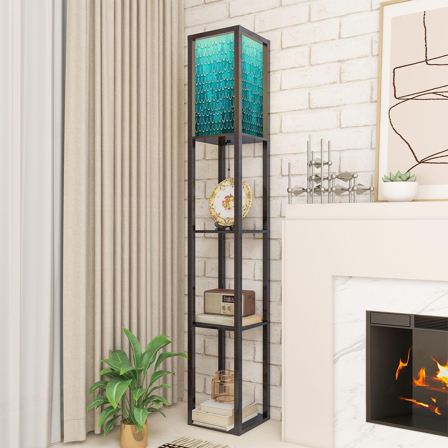 Standing Lamp with Shelves Tall Scale Trendy Gradient Backdrop Scale Ornament Bright Color Underwater Modern Wood Corner Lamp for Bedroom Living Room Office Floor Lamp Mid Century Room Decor