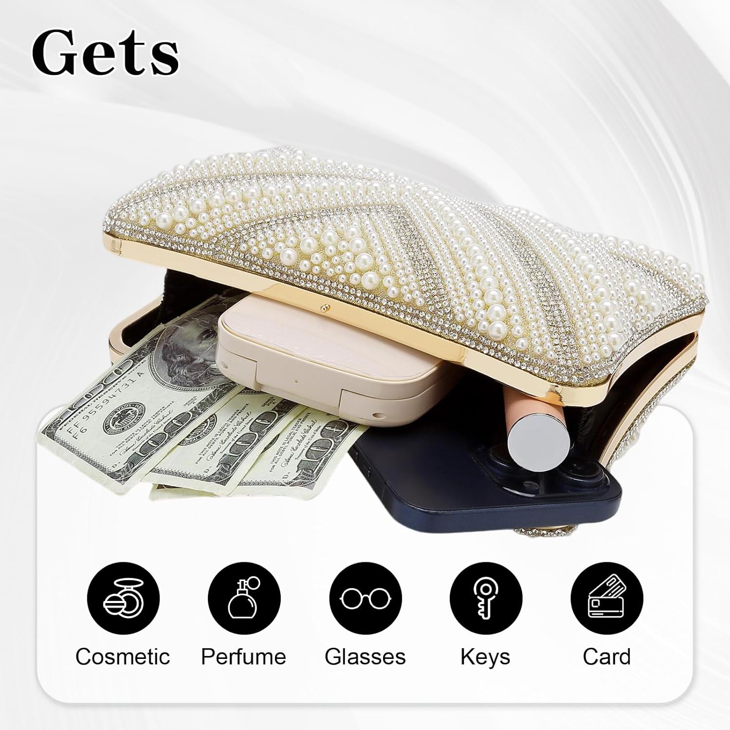 Gets White Pearl Clutch Purses for Women Wedding Bride Evening Bag Formal Party Clutches Tote Handbag Prom Shoulder Bags