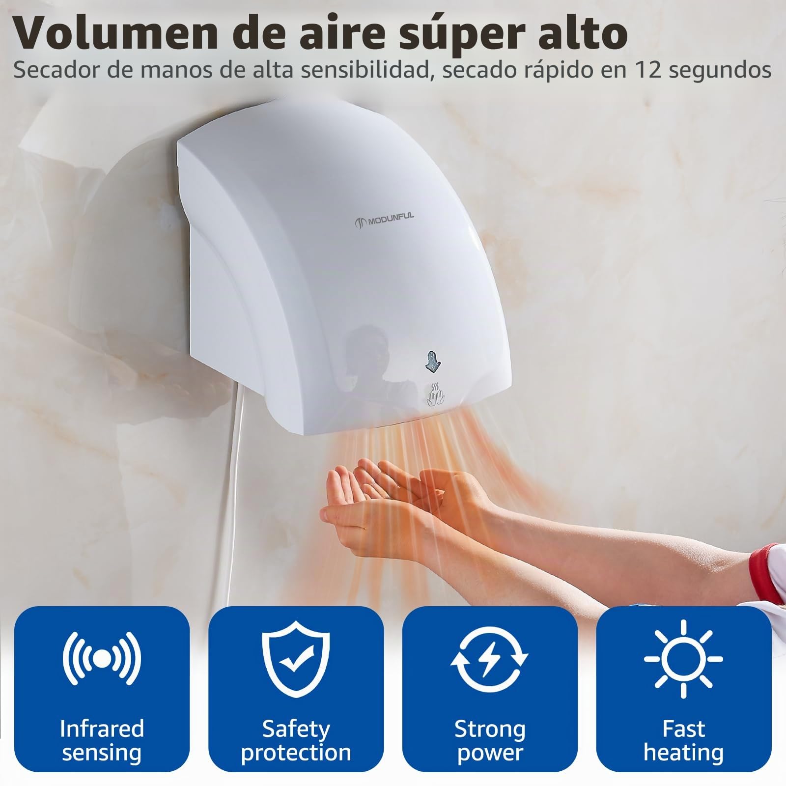 Secamanos Automático de Pared 220V 2000W Blanco con Luz Piloto