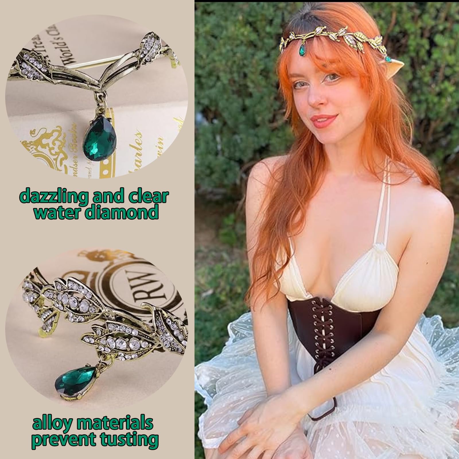 Diyxisk Elf Fantasy tiara, Retro Elf Renaissance Rhinestone and Leaves Fashion Crown, Bridal Queen - Image 3