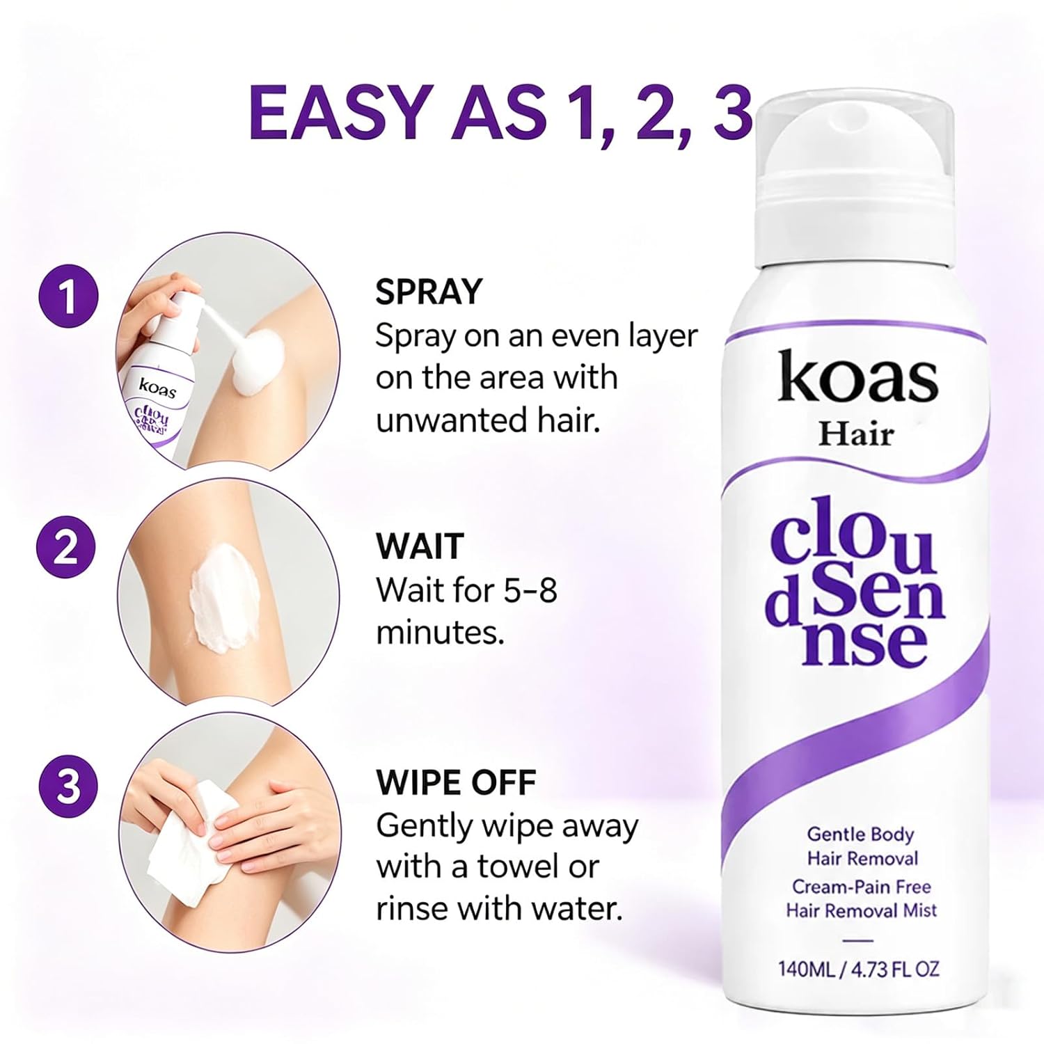 Koas Hair Removal Mousse For Women & Men, Cloud Sennse Smooth Hair Removal Spray, Gentle Body Skin-Softening Hair Remover Cream For Legs, Arms & Underarms, Silky Soft Skin Finish (1 Pc, Aloe Vera)