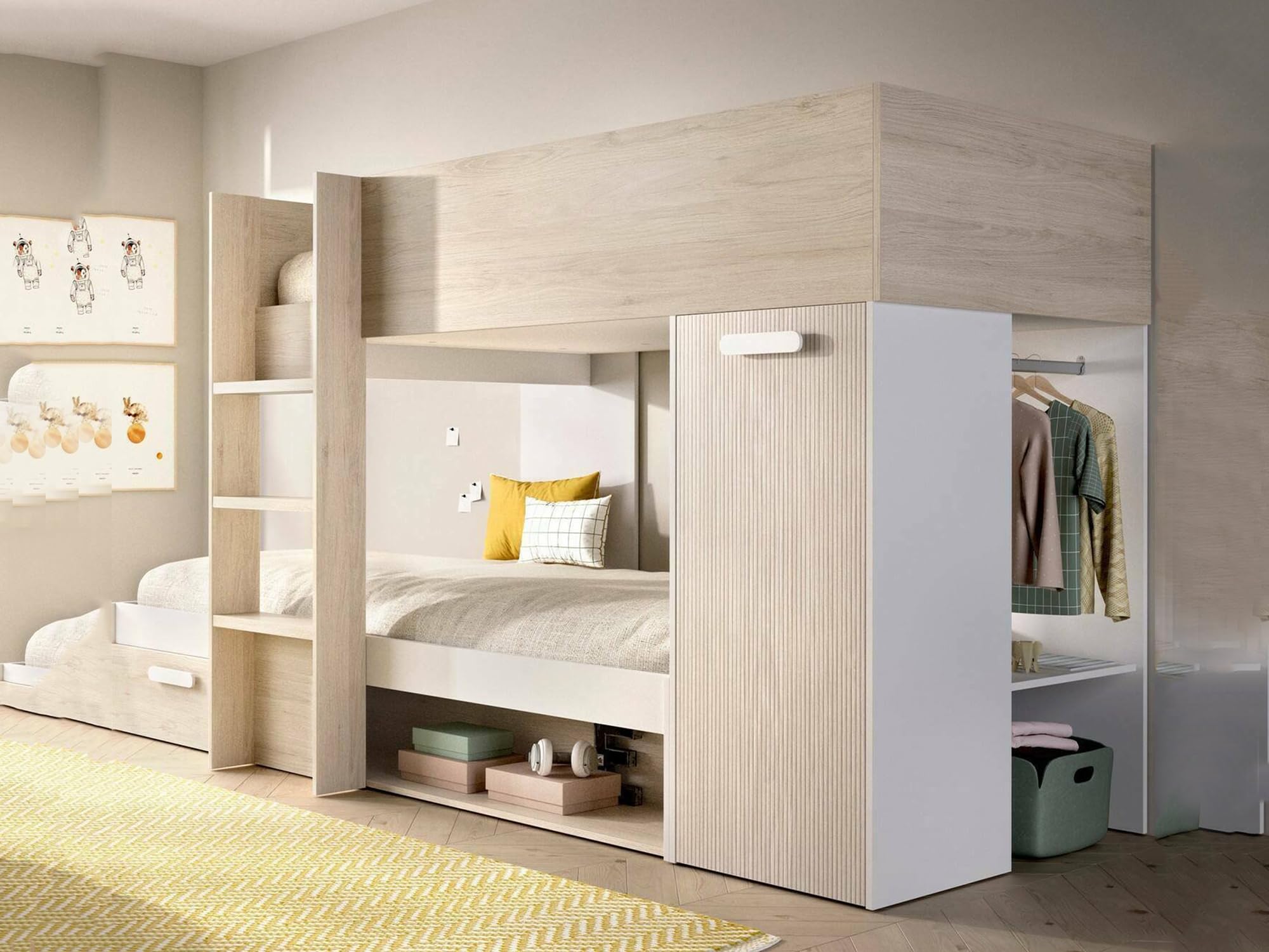 Dmora - Schlafzimmer Focalone, Komplettes Schlafzimmer, Kinderzimmer, Loft-Bett Kit, 246x112 h150 cm, Weiß und Eiche