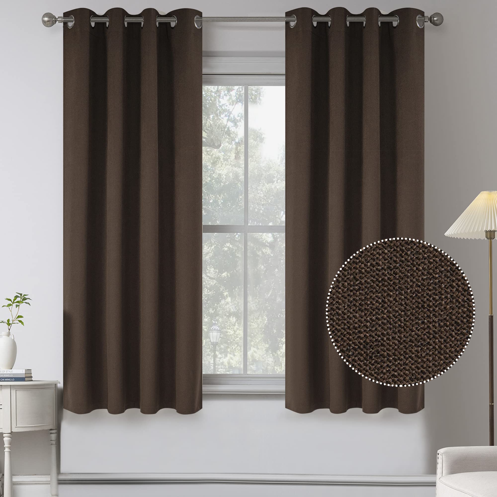 54 Inch Length Linen Textured 100% Blackout Curtains for Kids Room -2 Pcs Room Darkening Thermal Insulated Farmhouse Grommet Waterproof Curtains for Kitchen/Bathroom(W 52 x L 54 Inch Long,Brown)