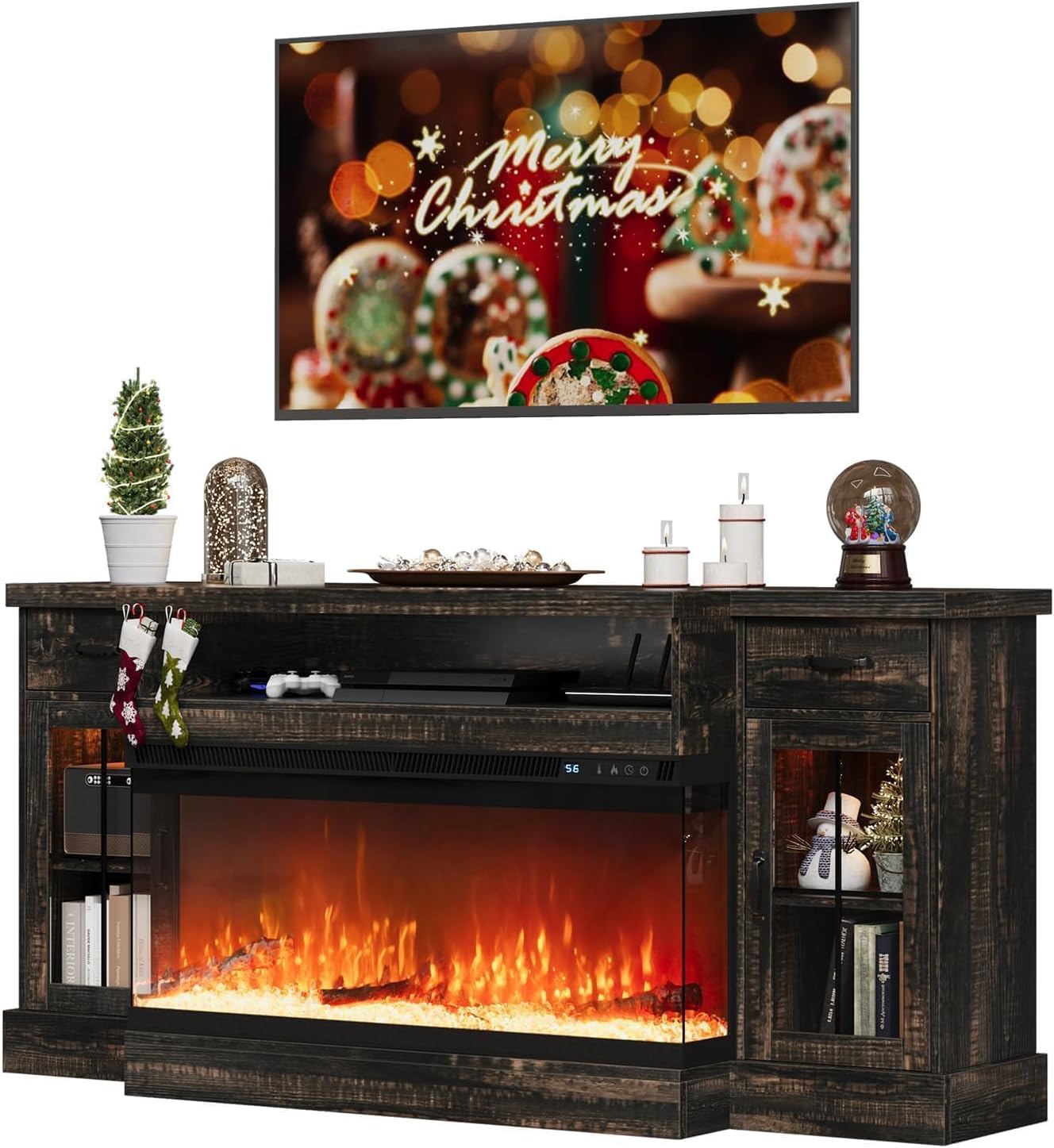 4 EVER WINNER Fireplace TV Stand with 40" Electric Fireplace for 80" TV, 70" Entertainment Center with Adjustable Storage Cabinets (Off-Oak)
