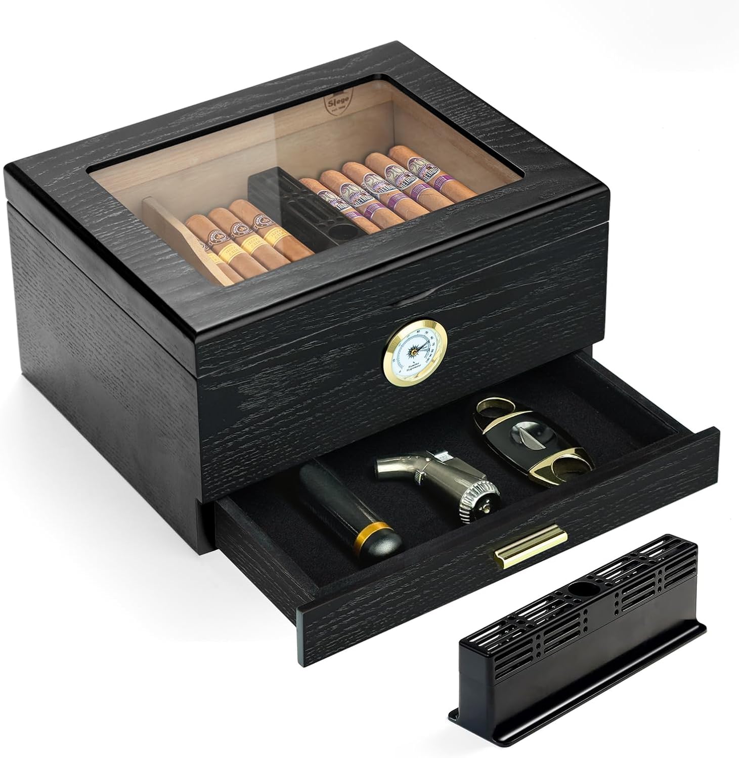 Slege Cave à cigares, Caves à cigares, boîte à cigares en Bois de cèdre Espagnol, Accessoires de cigares, tiroir, avec humidificateur, hygromètre, séparateur, Cadeau pour Homme（Noir）