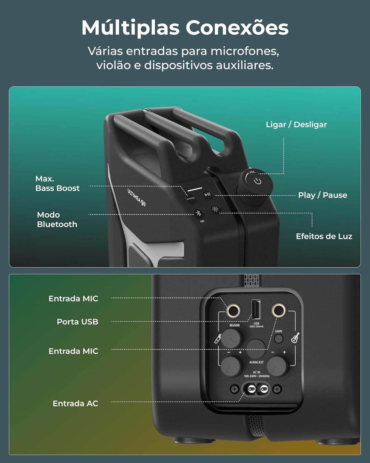 ULTIMEA Go Portable Party Speaker, 300W Wireless PartyBox with Deep Bass Boost, RGB, TWS Stereo, Auracast Mode, Mic/Guitar Input, APP Control, Powerful Bluetooth Speaker for Party and Outdoor (Black)