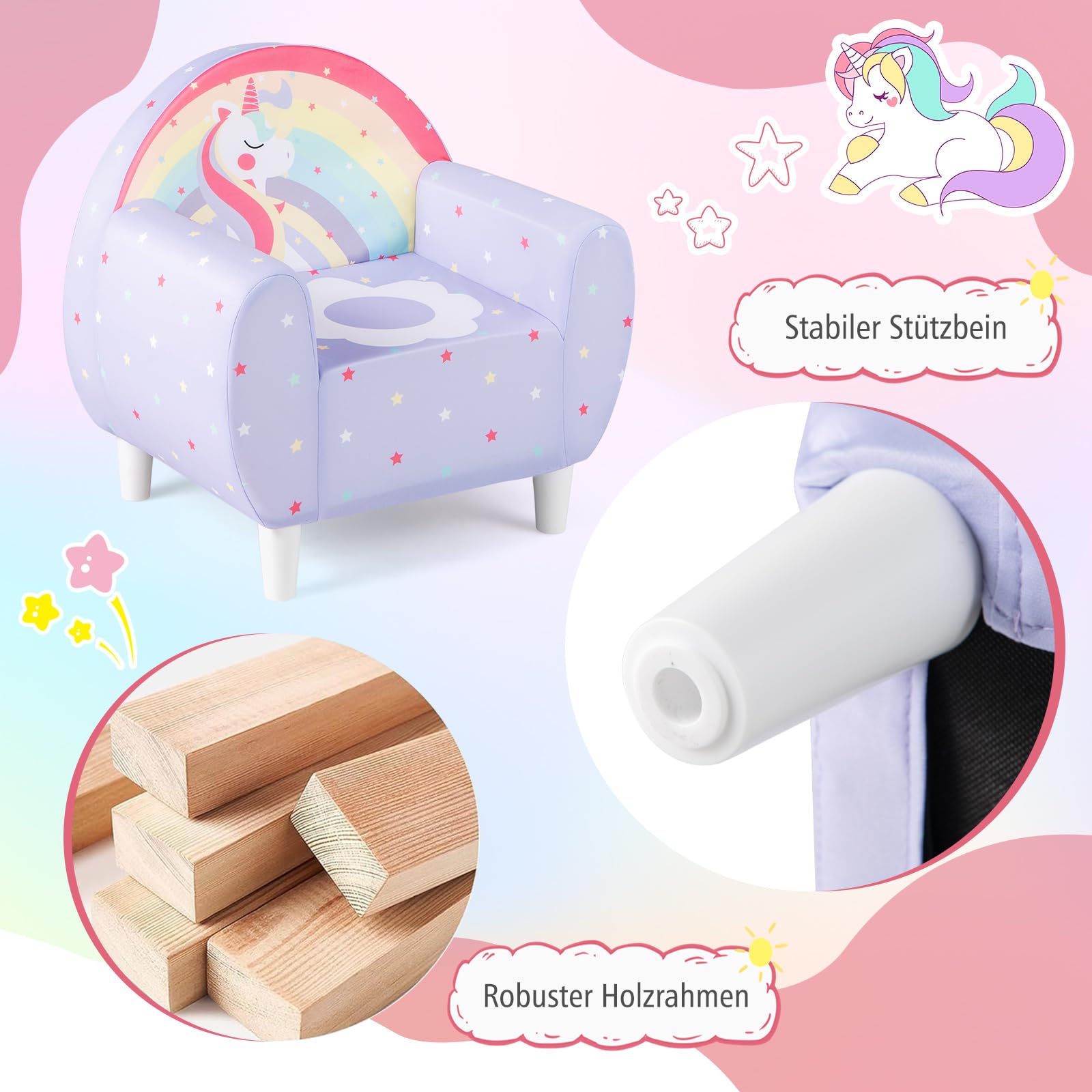 DREAMADE Kindersofa mit schönem Einhornmuster, Kindersessel mit ergonomischer Rückenlehne & Armlehnen, atmungsaktives Kindercouch für Spielzimmer & Kinderzimmer, für Kinder ab 3 Jahren (Lila)